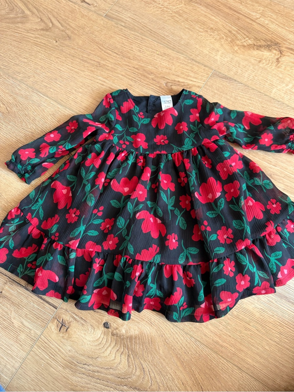 Carter’s Girls Black Floral Long-Sleeve Tiered Dress with Red Flowers